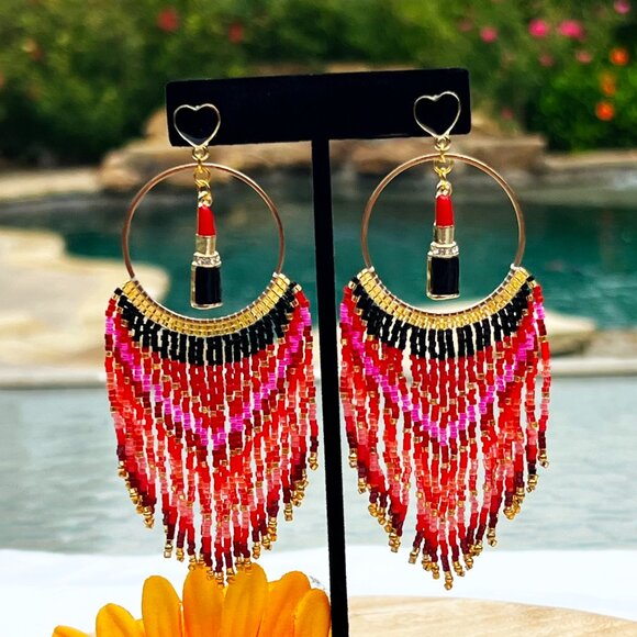 Handmade Beaded Long Tassel Fringe Dangle Drop Lightweight Post Hoop Earrings - Picture 6 of 10